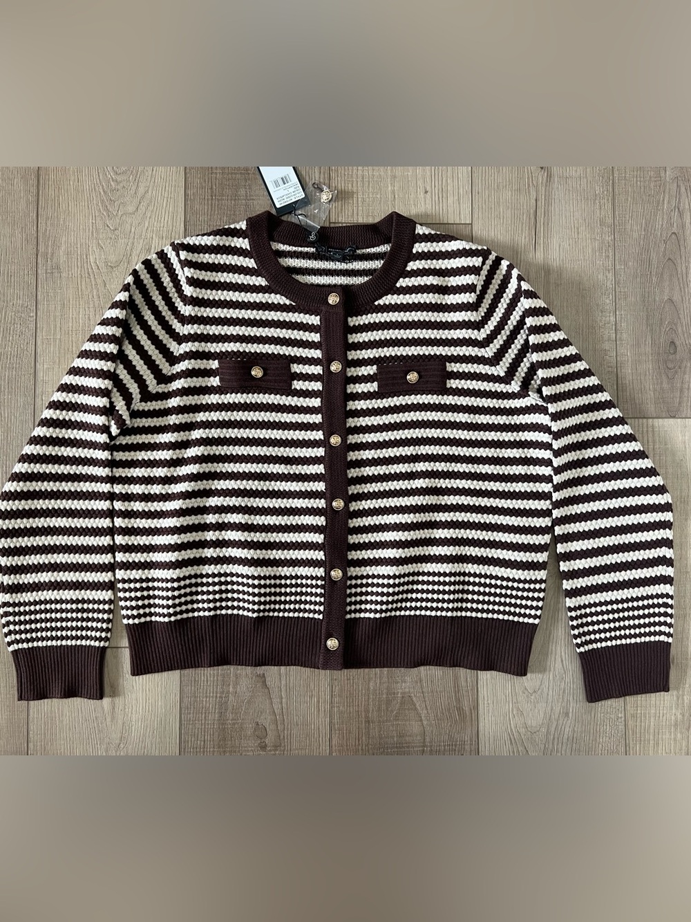 Adrianna Papell Brown and White Striped Pointelle Cardigan